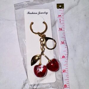 Fashion Cherry Bag-charm Keychain Red Glitter Resin w lobster claw 4” long